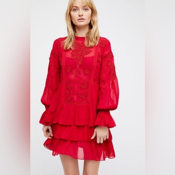 Free People Dresses & Skirts - Free People Red Embroidered Boho Tiered Mini Dress | Large